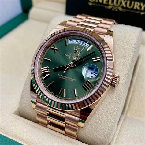 green dial rose gold rolex|Rolex day date olive.